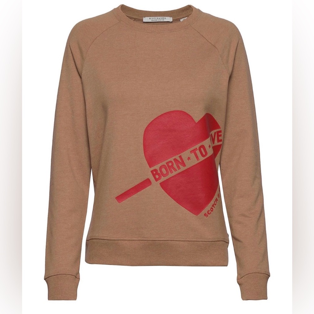 NWOT Scotch & Soda Women’s Tan Crewneck Sweatshirt with Red Heart Graphic Sz XS